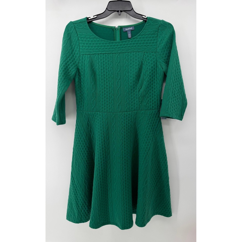ModCloth Emerald Green Cable Knit Textured Fit and Flare Dress 3/4 Sleeve L NWT